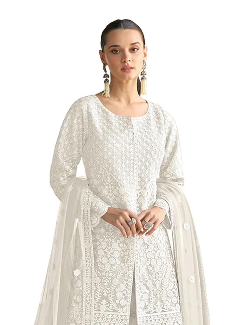 White Sequence Work Net Salwar Suit - Indya