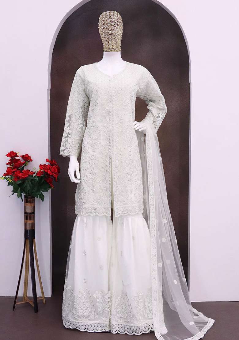 White Chikankari Net Sharara Set - Indya