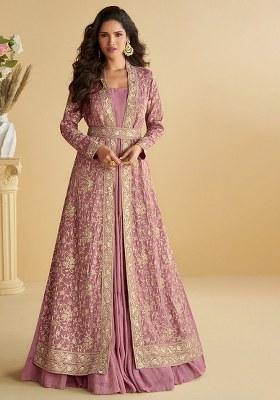 Onion Pink Sequence Work Chinon Top And Shrug Set