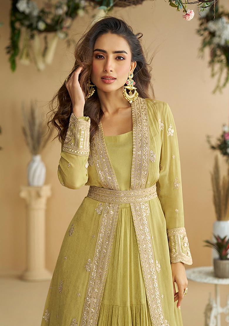 Mehendi Sequence Work Chinon Top And Shrug Set - Indya