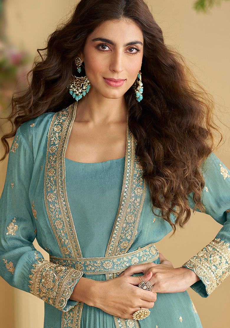 Grey Sequence Work Chinon Top And Shrug Set - Indya