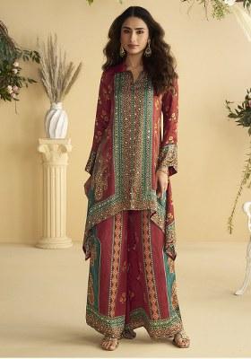 Brown Emblissied Silk Co Ord Set