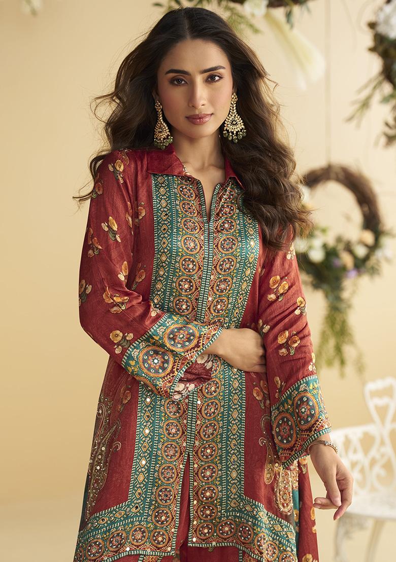 Brown Emblissied Silk Co Ord Set - Indya