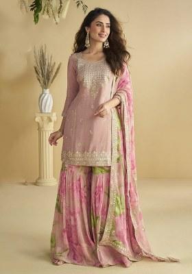 Dark Peach Printed Chinon Salwar Suit