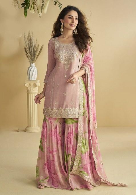 Dark Peach Embroidered Chinon Sharara Set