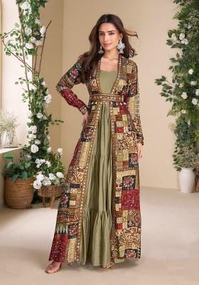 Mehendi Printed Georgette Top And Shrug Set