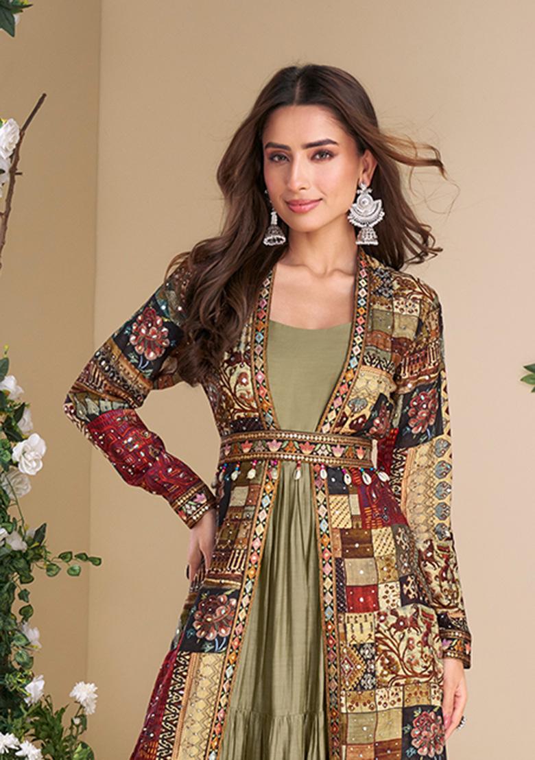 Mehendi Printed Georgette Top And Shrug Set - Indya