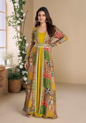 Yellow Printed Georgette Top And Shrug Set