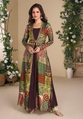 Brown Printed Georgette Top And Shrug Set