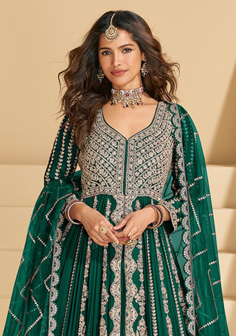 Green Embroidery Chinon Salwar Suit - Indya