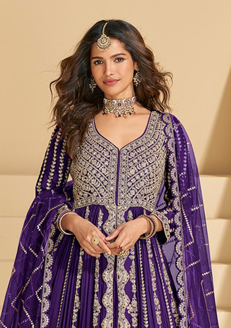 Violet Embroidery Chinon Salwar Suit - Indya