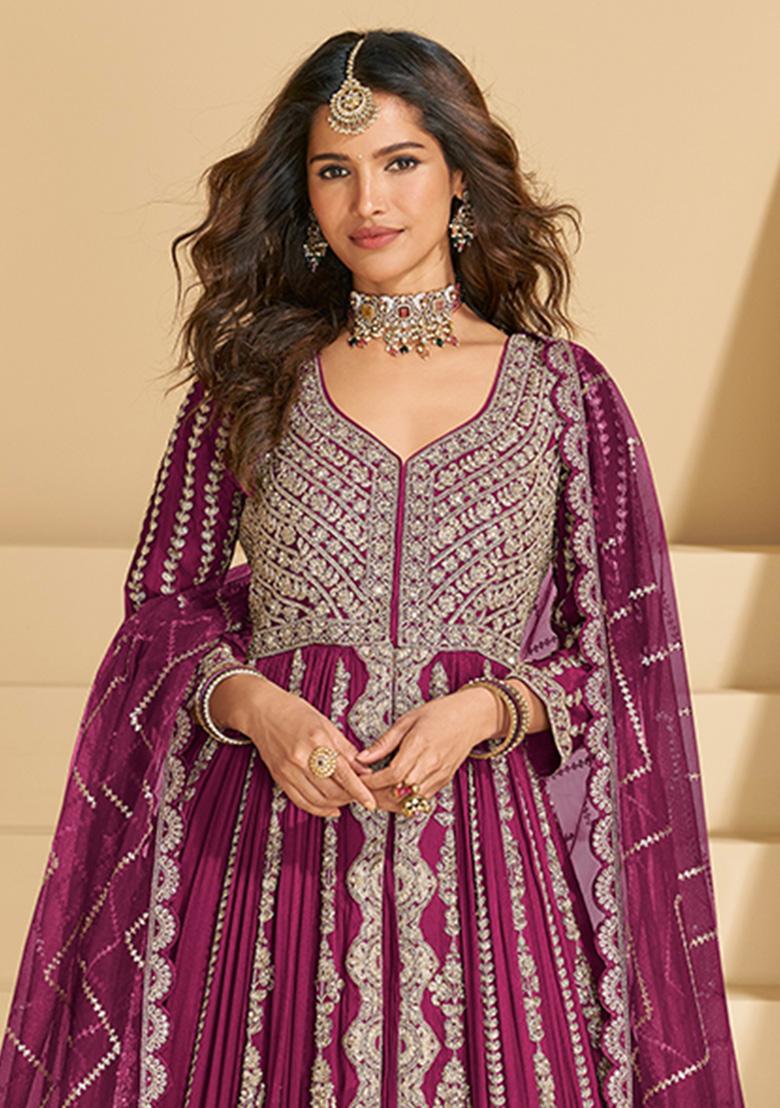 Pink Embroidery Chinon Salwar Suit - Indya
