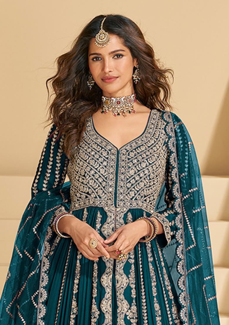 Rama Blue Embroidery Chinon Salwar Suit - Indya