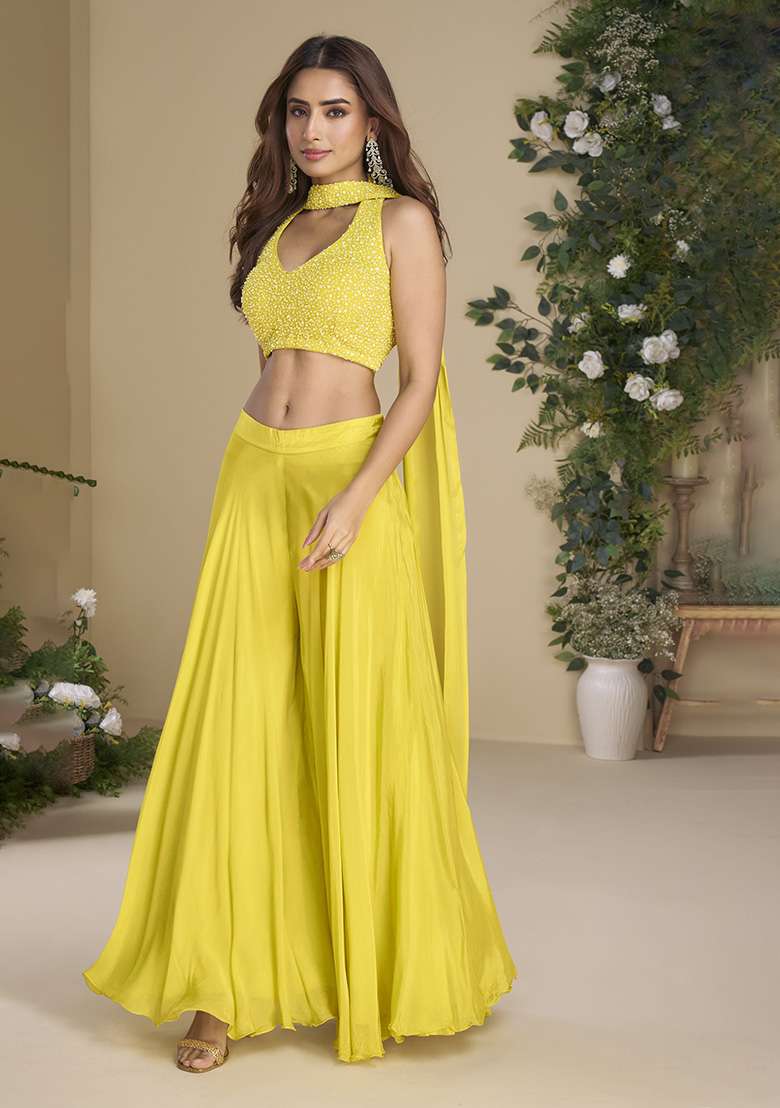 Lemon Yellow Printed Chinon Plazzo Set - Indya