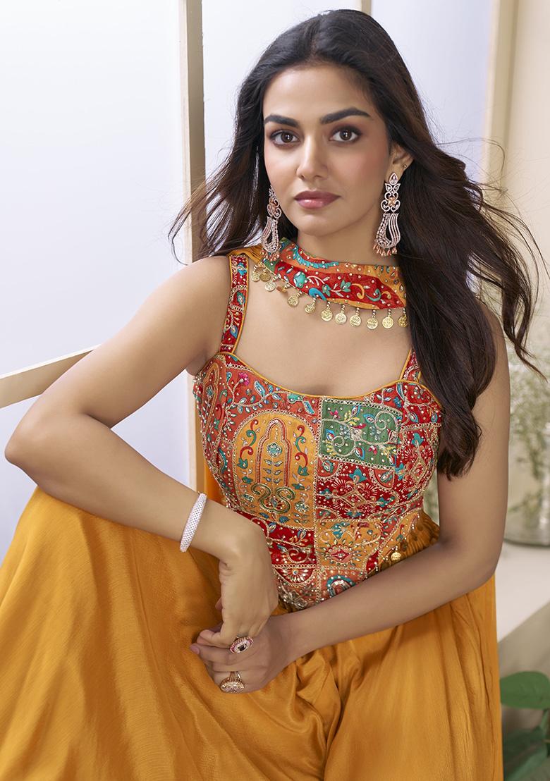 Mustard Printed Chinon Plazzo Set - Indya