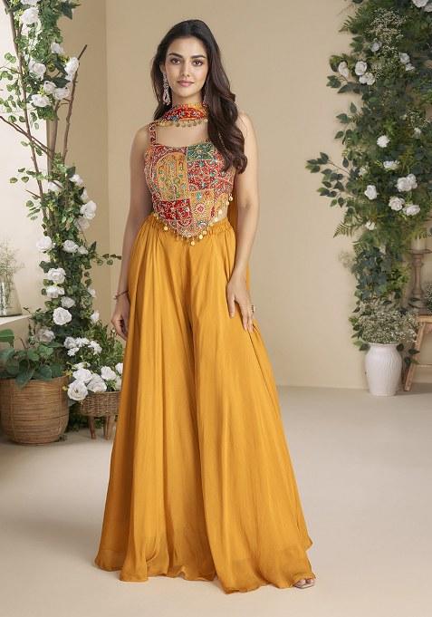 Mustard Printed Chinon Plazzo Set