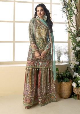 Green Printed Silk Salwar Suit