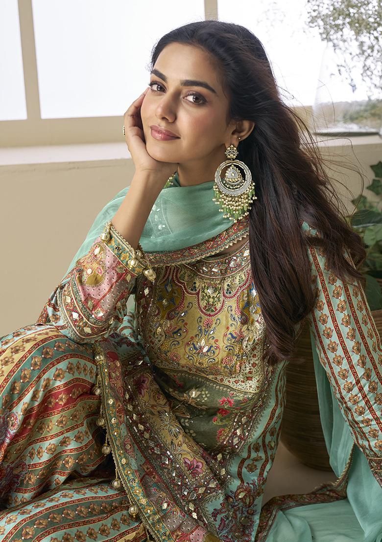 Green Printed Silk Salwar Suit - Indya