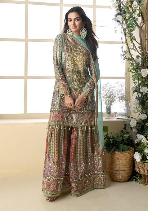 Green Printed Silk Sharara Set — view on Indya