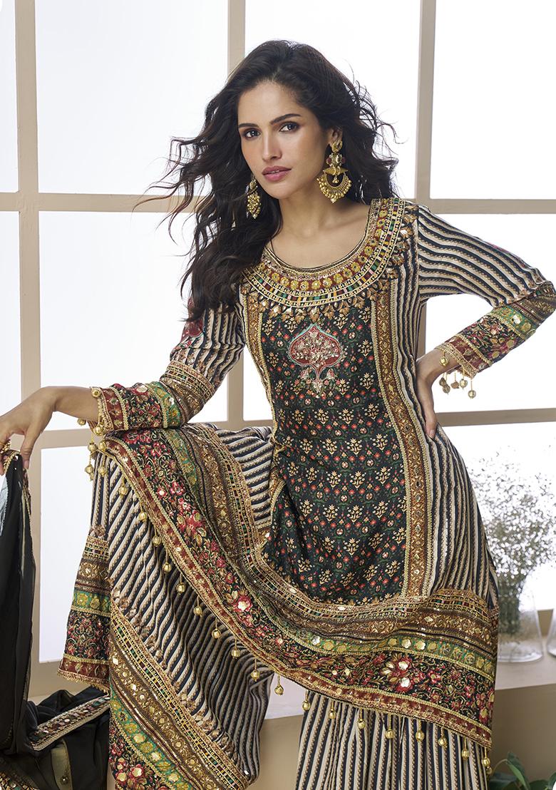 Black Printed Silk Salwar Suit - Indya