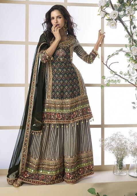 Black Printed Silk Sharara Set — view on Indya