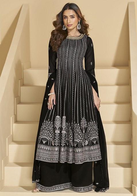 Black Embroidered Georgette Sharara Set — view on Indya