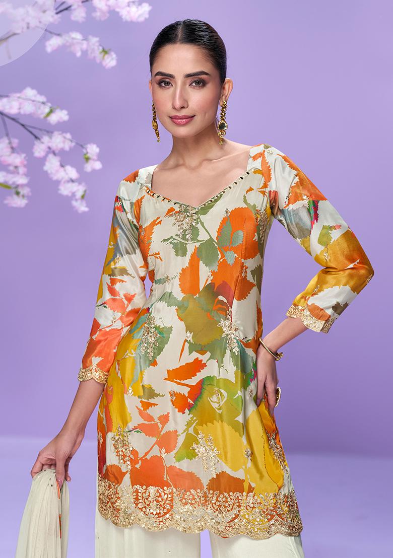 White Printed Chinon Salwar Suit - Indya