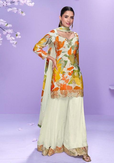 White Embroidered Chinon Sharara Set