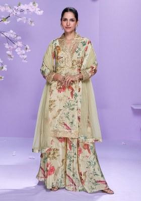 Cream Printed Chinon Salwar Suit