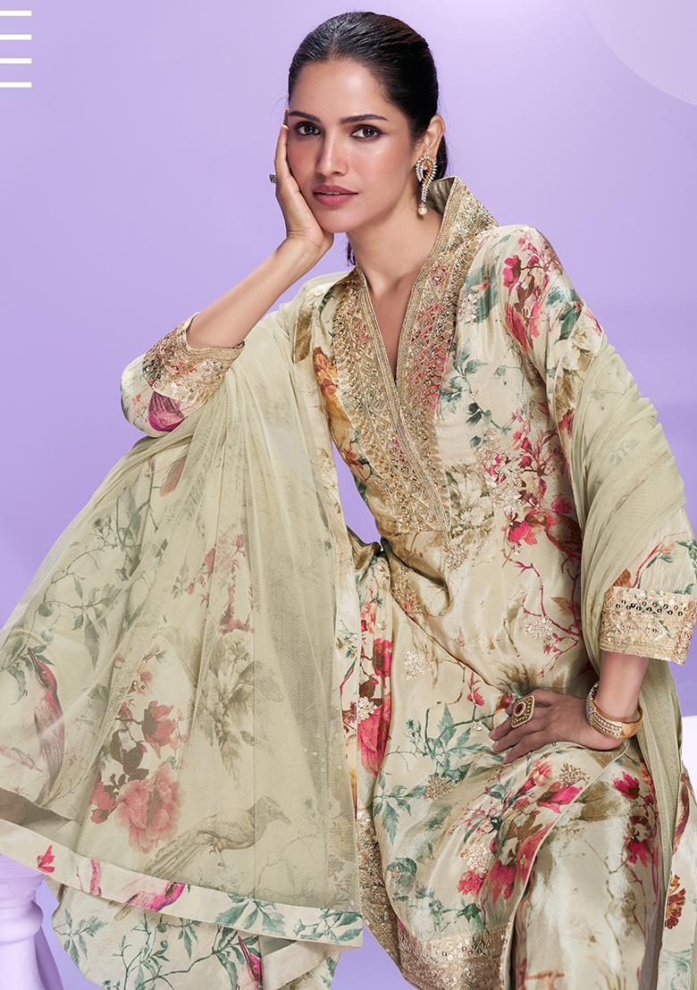 Cream Printed Chinon Salwar Suit - Indya