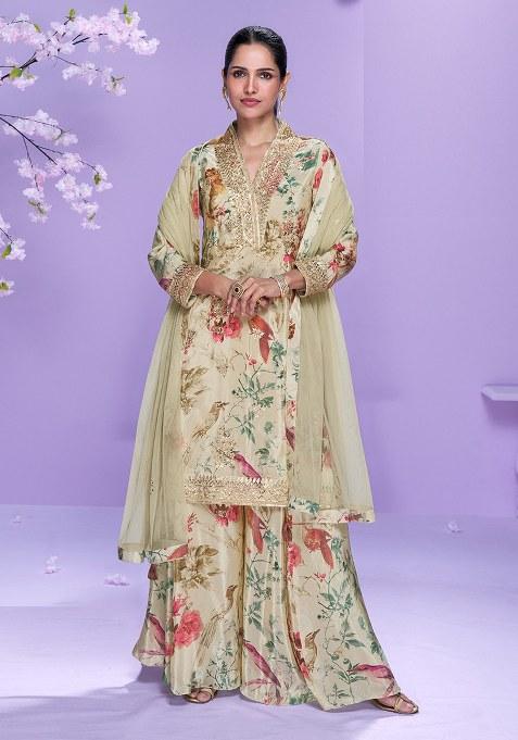Cream Embroidered Chinon Sharara Set