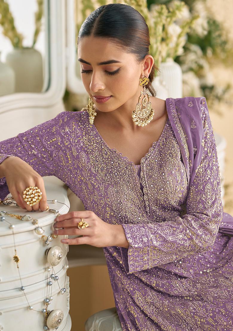 Purple Sequence Work Georgette Salwar Suit - Indya