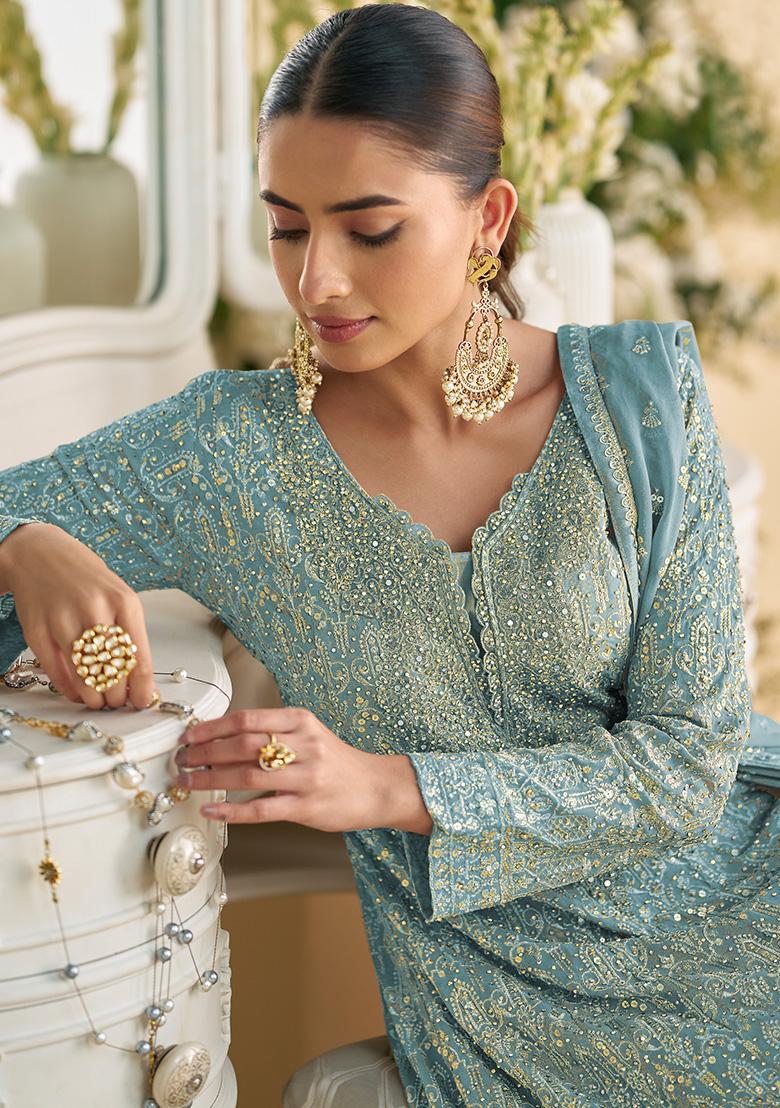 Rama Blue Sequence Work Georgette Salwar Suit - Indya