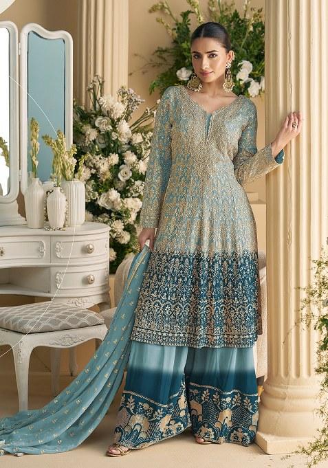 Rama Blue Embroidered Georgette Sharara Set — view on Indya