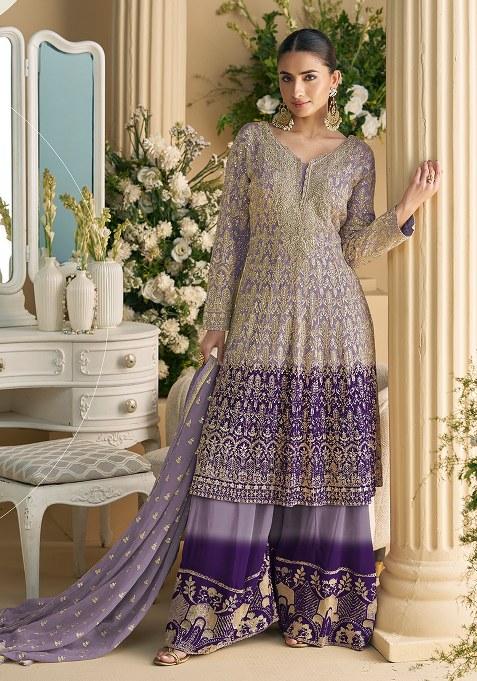 Violet Embroidered Georgette Sharara Set — view on Indya