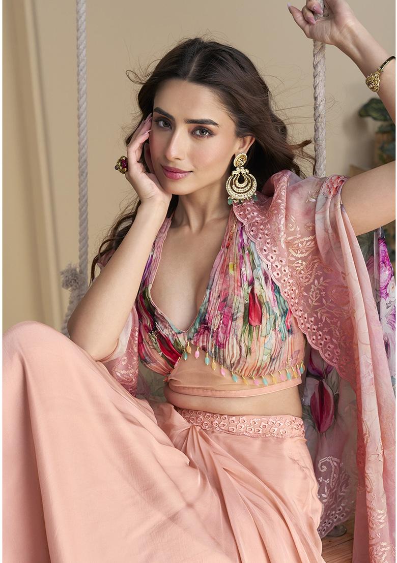 Dark Peach Printed Chinon Plazzo Set - Indya