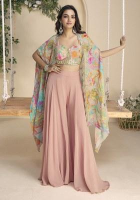 Peach Printed Chinon Plazzo Set