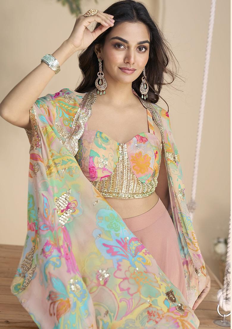 Peach Printed Chinon Plazzo Set - Indya