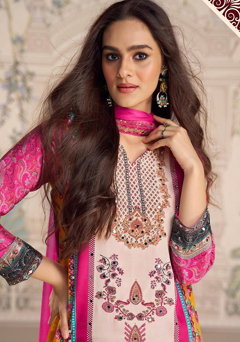 Pink Hand Mirror Work Crepe Salwar Kameez Set - Indya