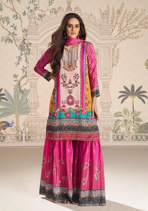 Pink Hand Mirror Work Crepe Salwar Kameez Set