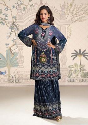 Navy Blue Hand Mirror Work Crepe Salwar Kameez Set