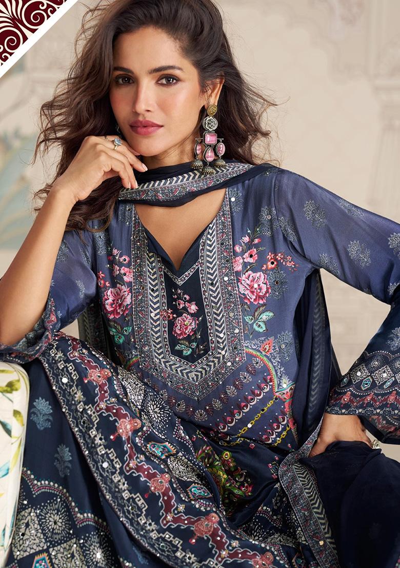 Navy Blue Hand Mirror Work Crepe Salwar Kameez Set - Indya
