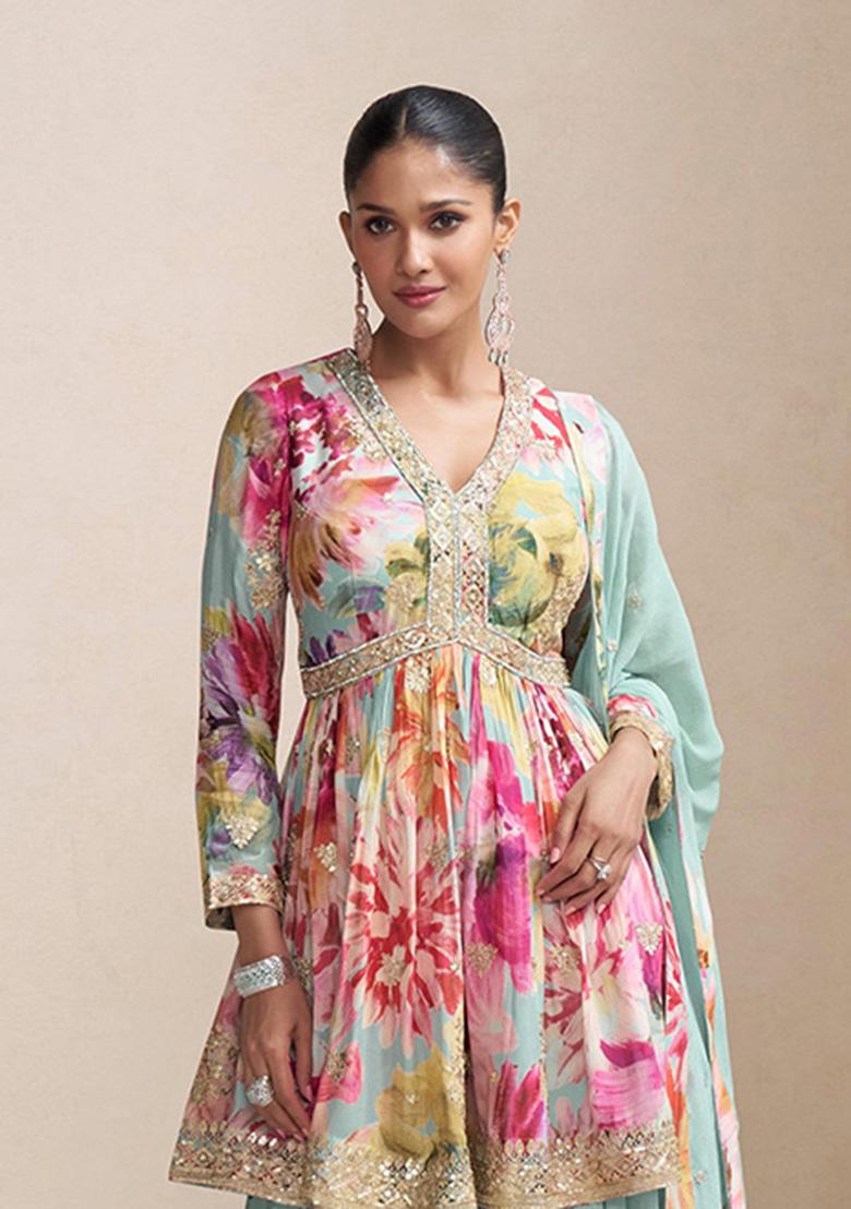 Multicolor Embroidery Silk Salwar Kameez Set - Indya