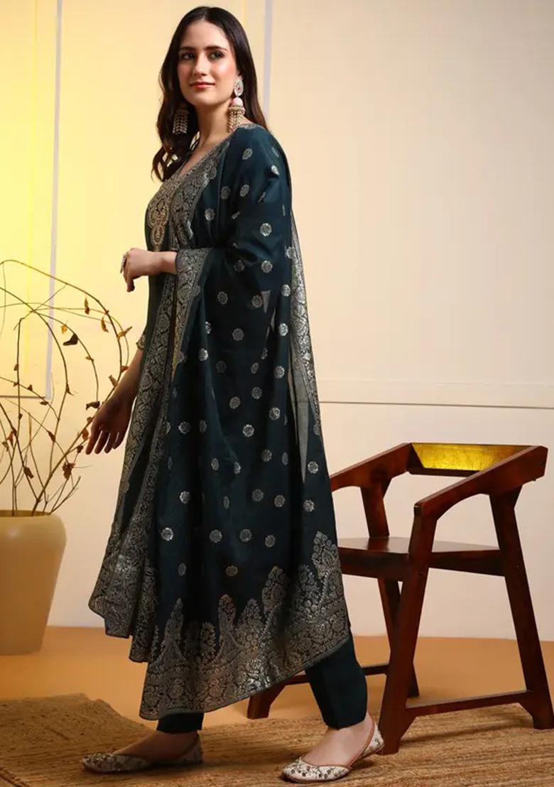 Dark Blue Motif Silk Kurta Set - Indya