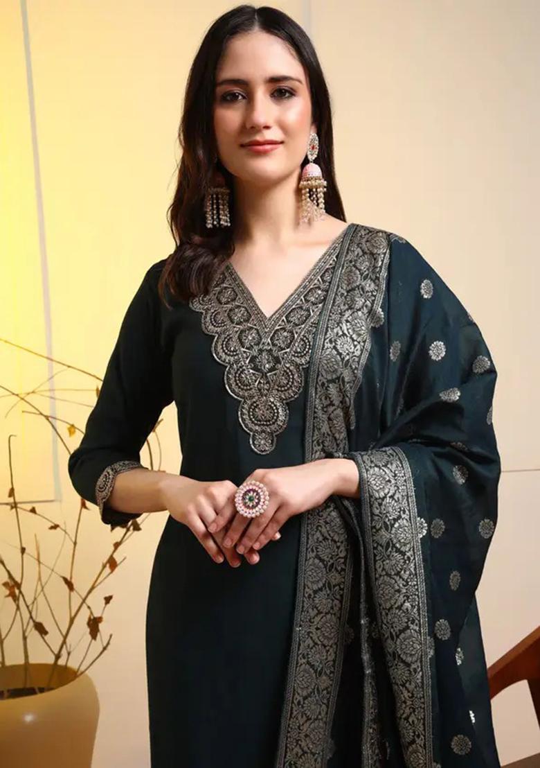 Dark Blue Motif Silk Kurta Set - Indya