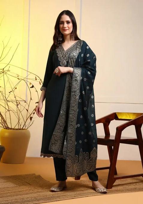 Dark Blue Motif Silk Kurta Set