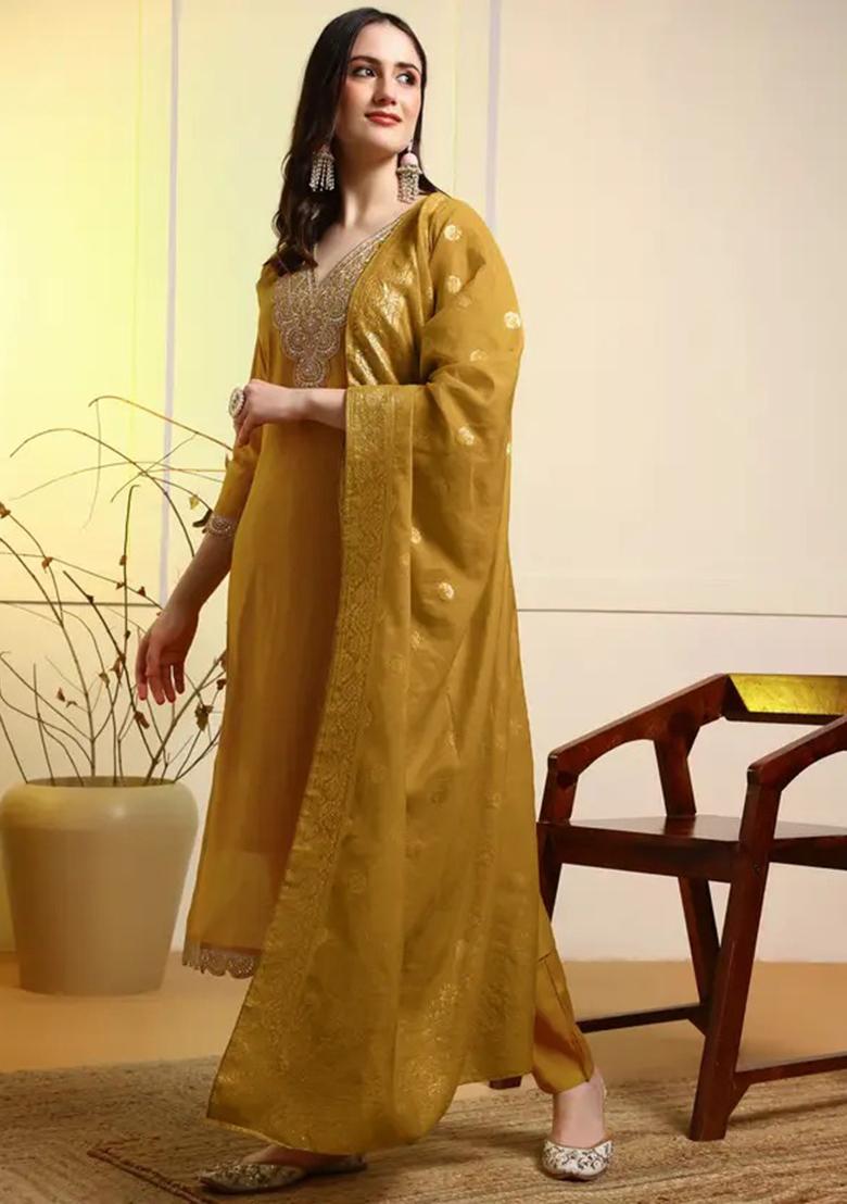 Lemon Yellow Motif Silk Kurta Set - Indya
