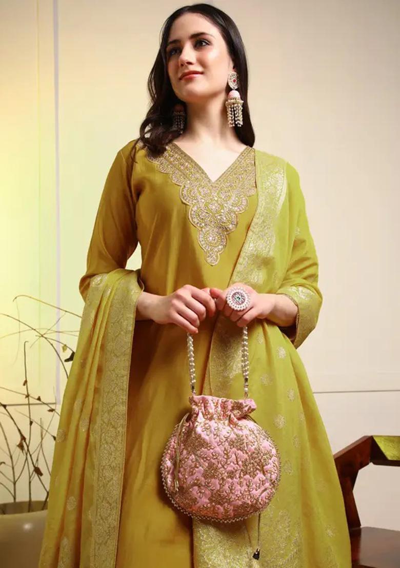 Lemon Yellow Motif Silk Kurta Set - Indya
