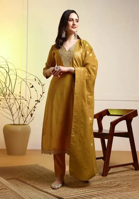 Lemon Yellow Motif Silk Kurta Set