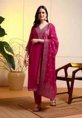 Pink Motif Silk Kurta Set